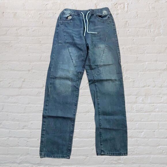 MISSLOOK elastic waist band denim pants diagonal front seam five pockets small - Picture 1 of 9